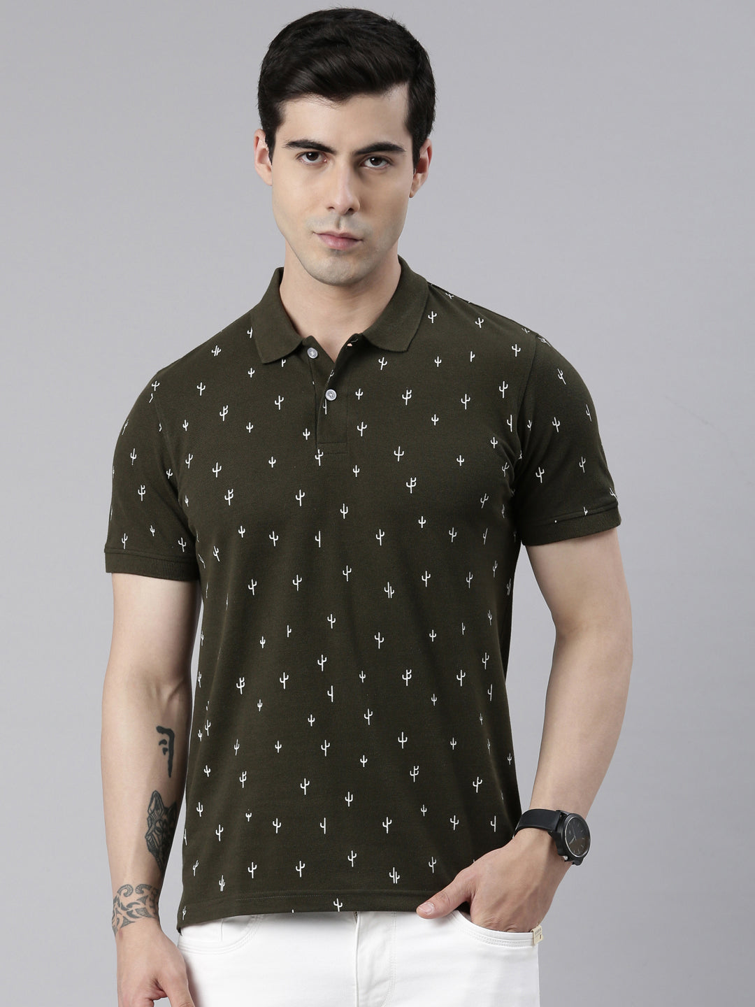 Men's Olive Printed Polo Collar T-Shirt