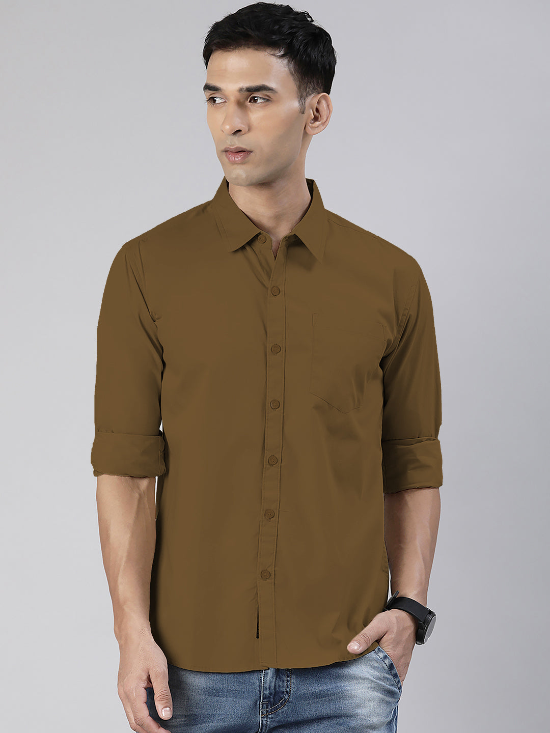 Men's Khaki Solid Full Sleeve Slim Fit Casual Shirt