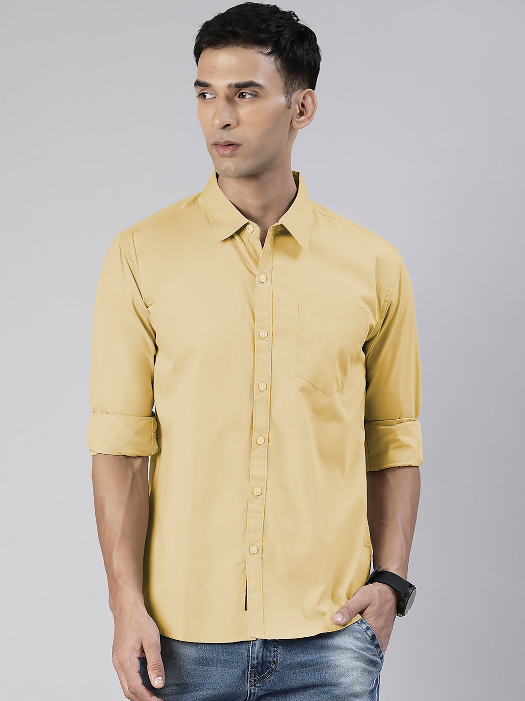 Men's Light Beige Solid Full Sleeve Slim Fit Casual Shirt