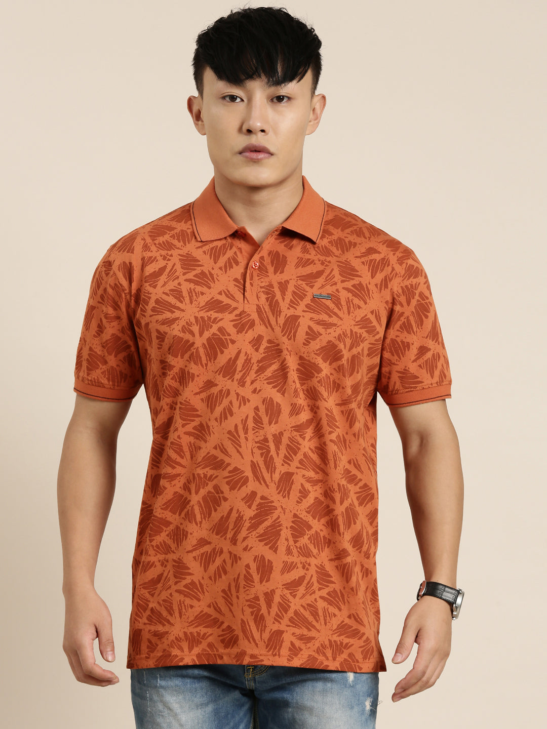 Mercerised Cotton Polo Collar Printed Tshirt in Rust