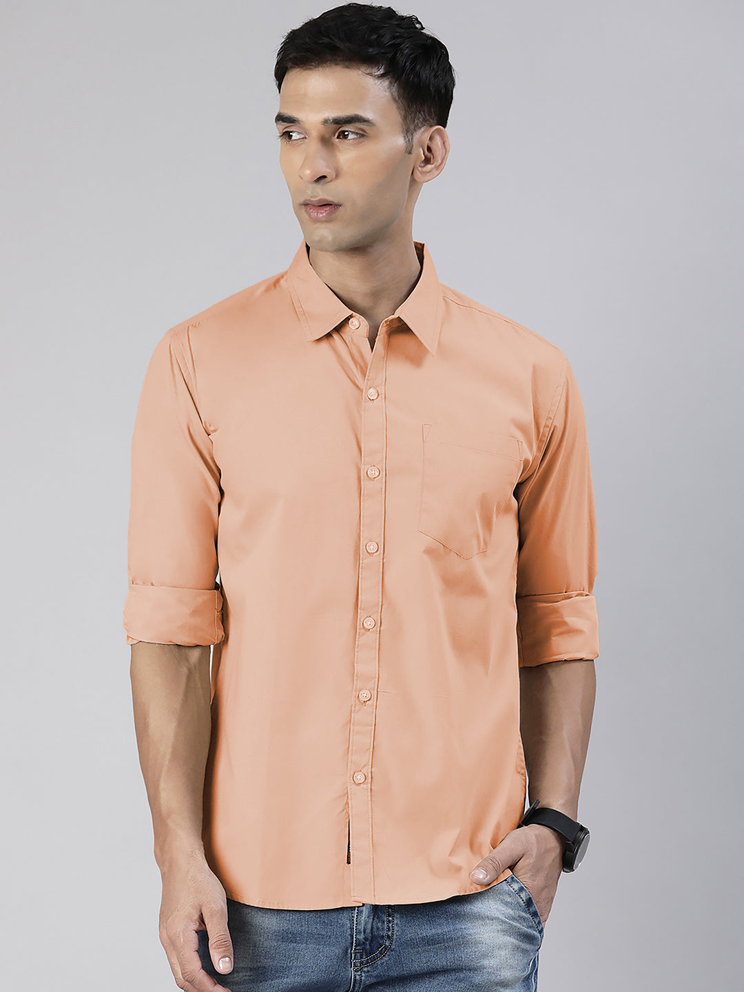 Men's Peach Solid Full Sleeve Slim Fit Casual Shirt