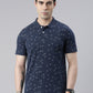 Men's Denim Blue Printed Polo Collar T-Shirt