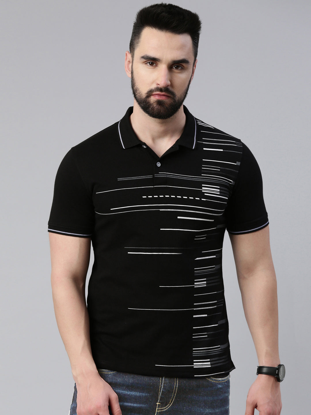 Men's Black Printed Polo Collar T-Shirt