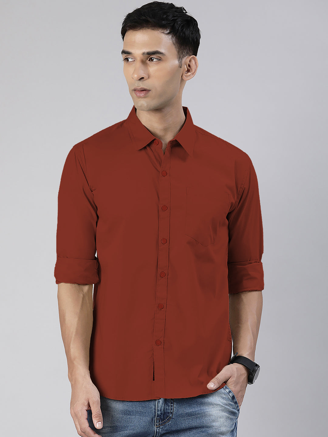 Men's Brown Solid Full Sleeve Slim Fit Casual Shirt