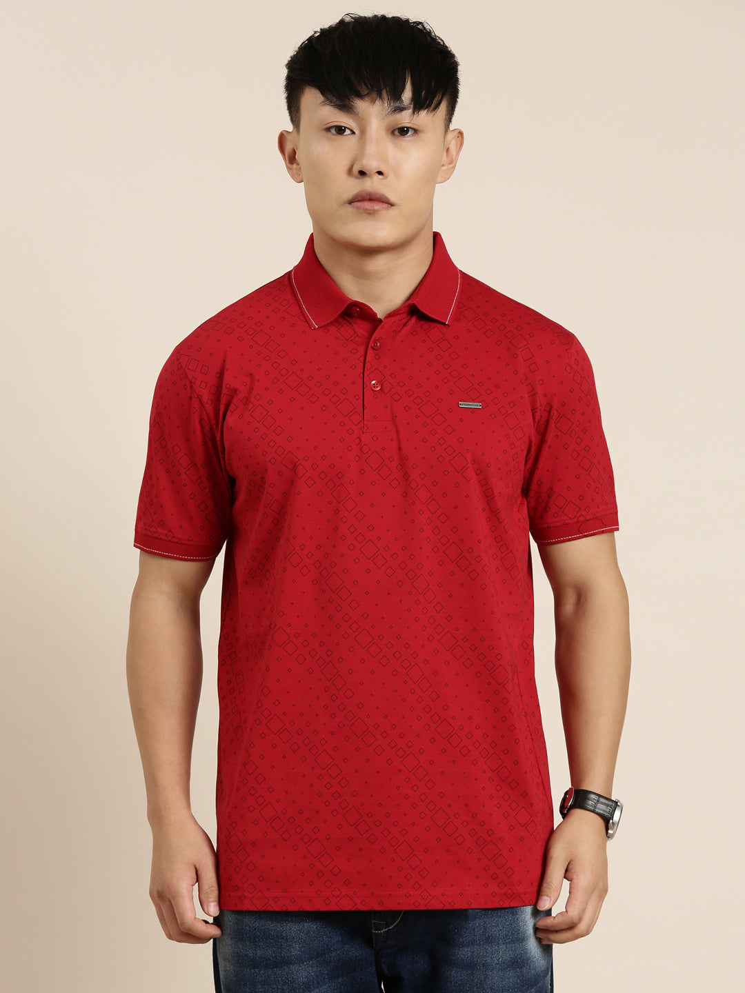 Mercerised Cotton Polo Collar Printed Tshirt in Red