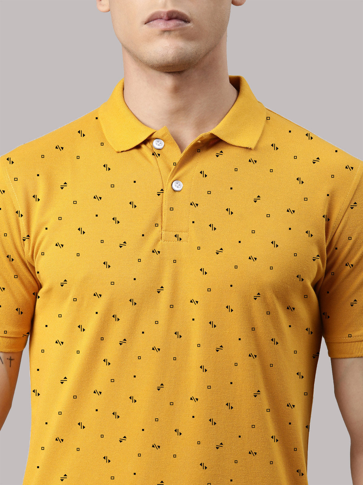 Men's Mustard Printed Polo Collar T-Shirt