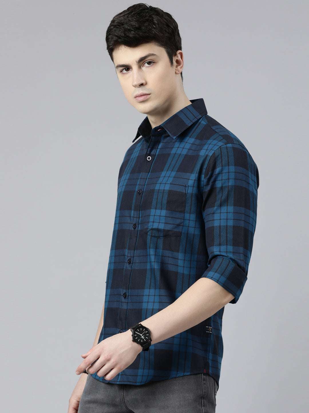 JOVEN Men Checked Pure Cotton Full Sleeve Casual Shirt