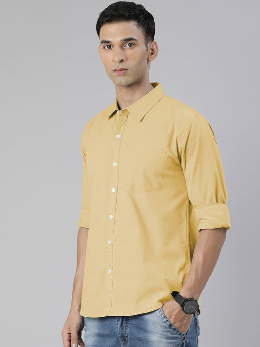 Men's Light Beige Solid Full Sleeve Slim Fit Casual Shirt