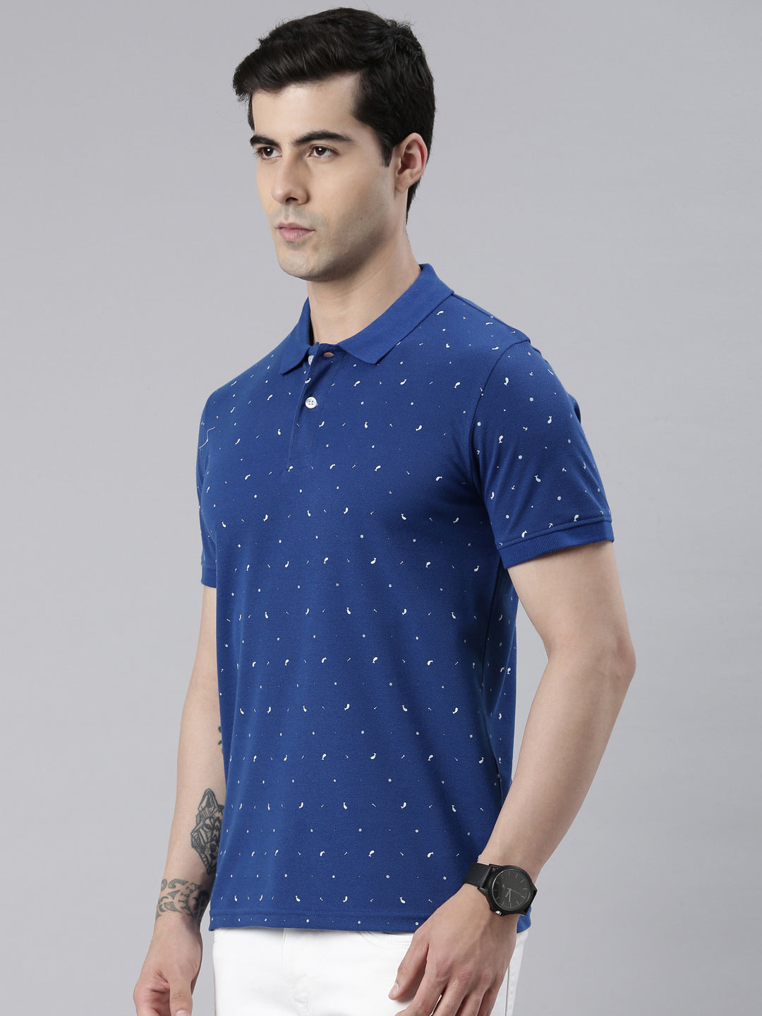 Men's Royal Blue Printed Polo Collar T-Shirt