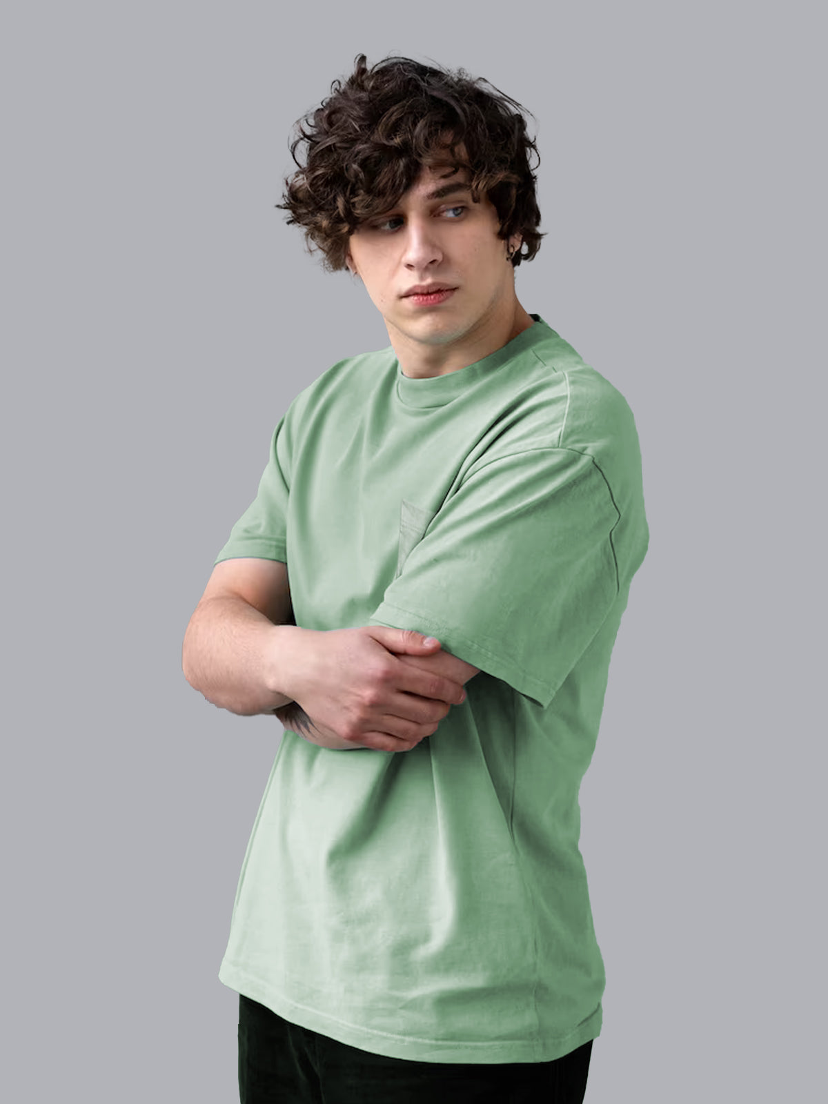 JOVEN Men Light Green Printed Pure Cotton Oversize Tshirt