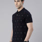 Men's Navy Blue Printed Polo Collar T-Shirt