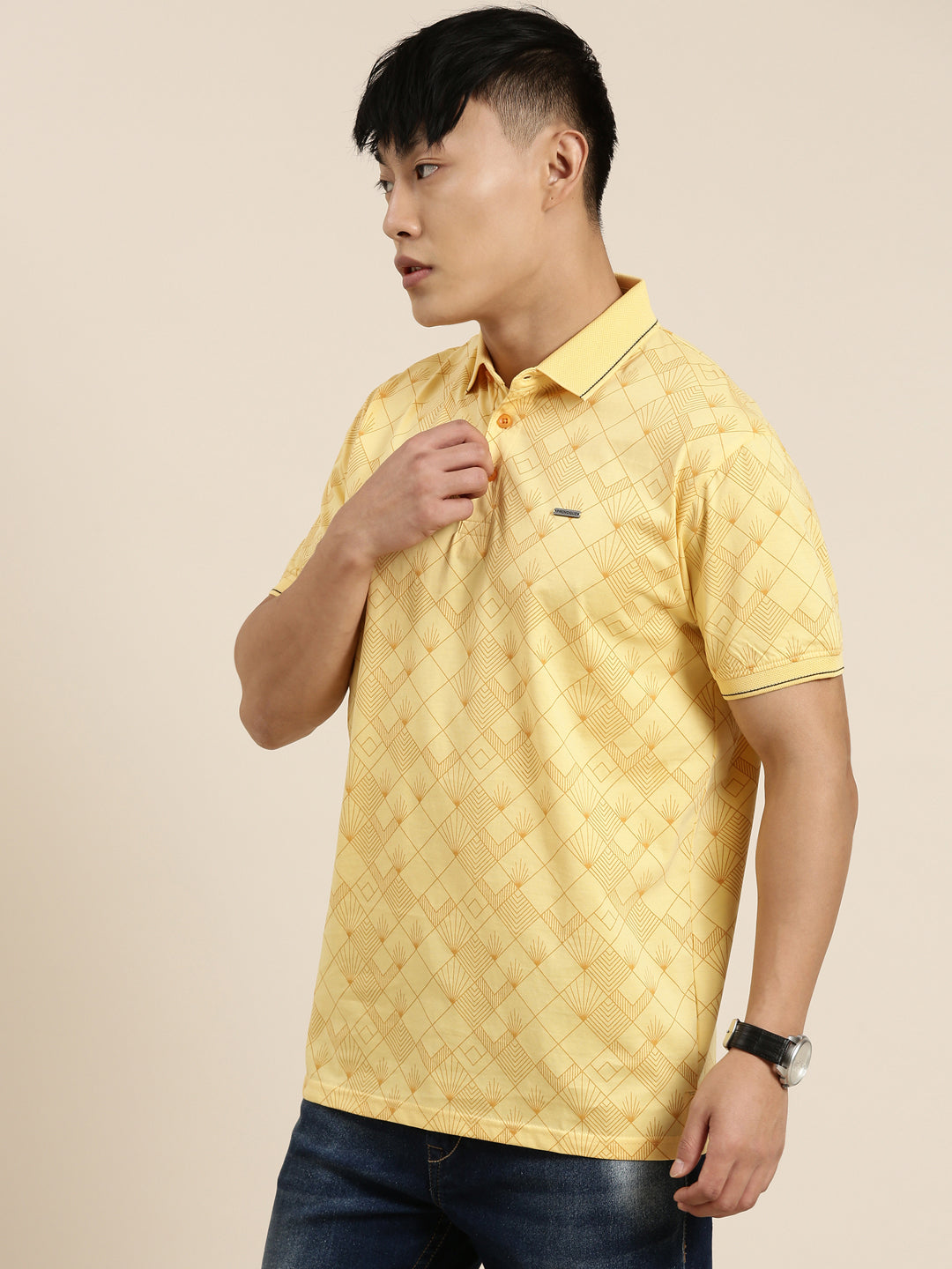 Mercerised Cotton Polo Collar Printed Tshirt in Yellow