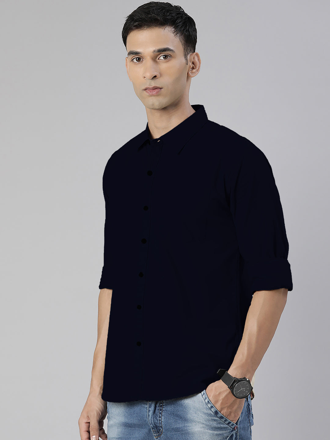 Men's Navy Blue Solid Full Sleeve Slim Fit Casual Shirt