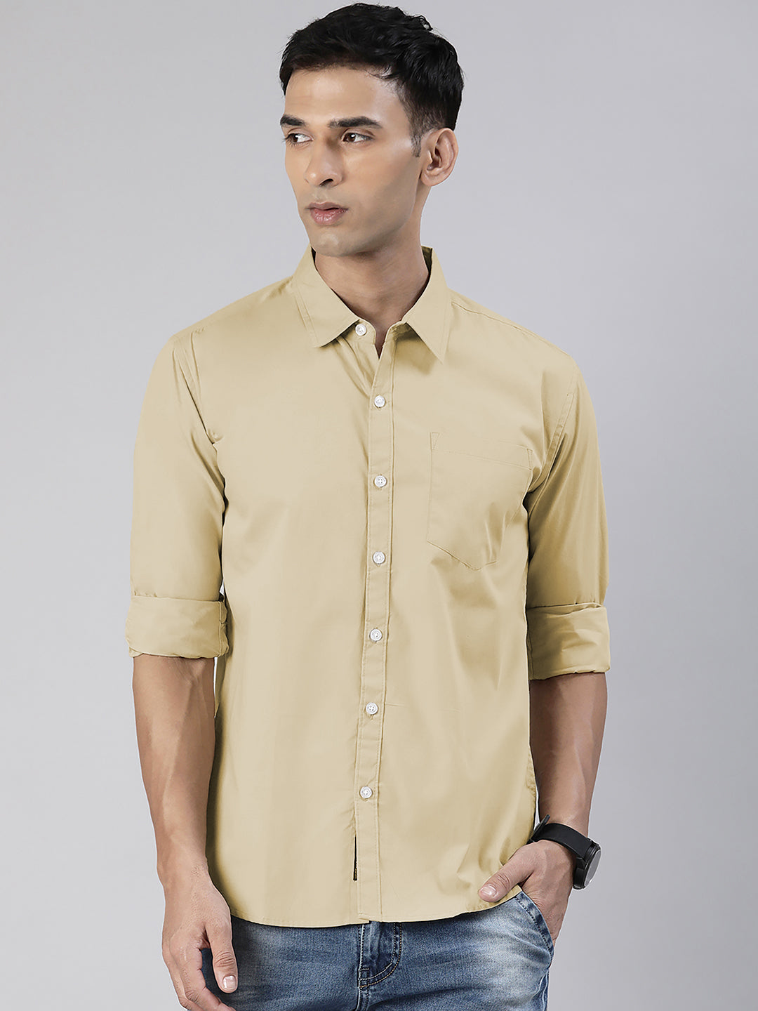 Men's Beige Solid Full Sleeve Slim Fit Casual Shirt