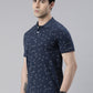 Men's Denim Blue Printed Polo Collar T-Shirt