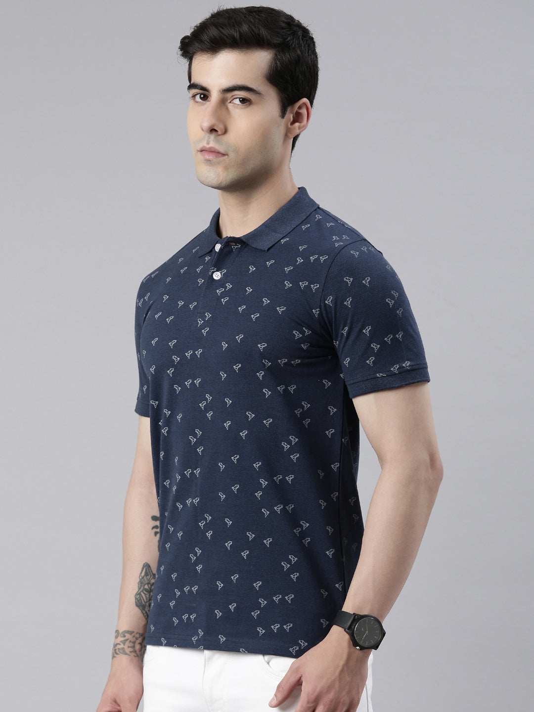 Men's Denim Blue Printed Polo Collar T-Shirt