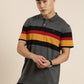 Men's Casual Dark Grey Striped Polo Collar T-Shirt