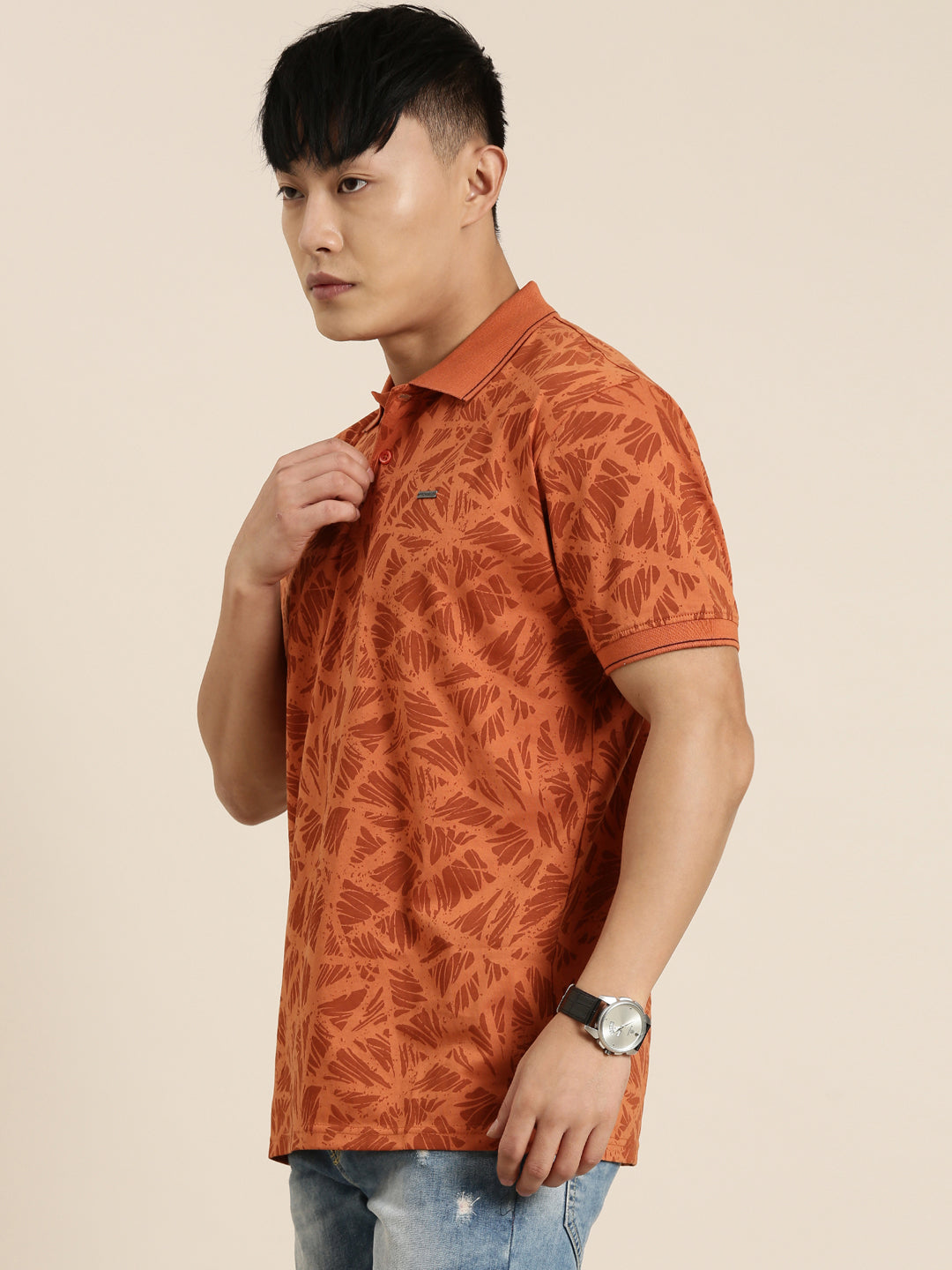 Mercerised Cotton Polo Collar Printed Tshirt in Rust
