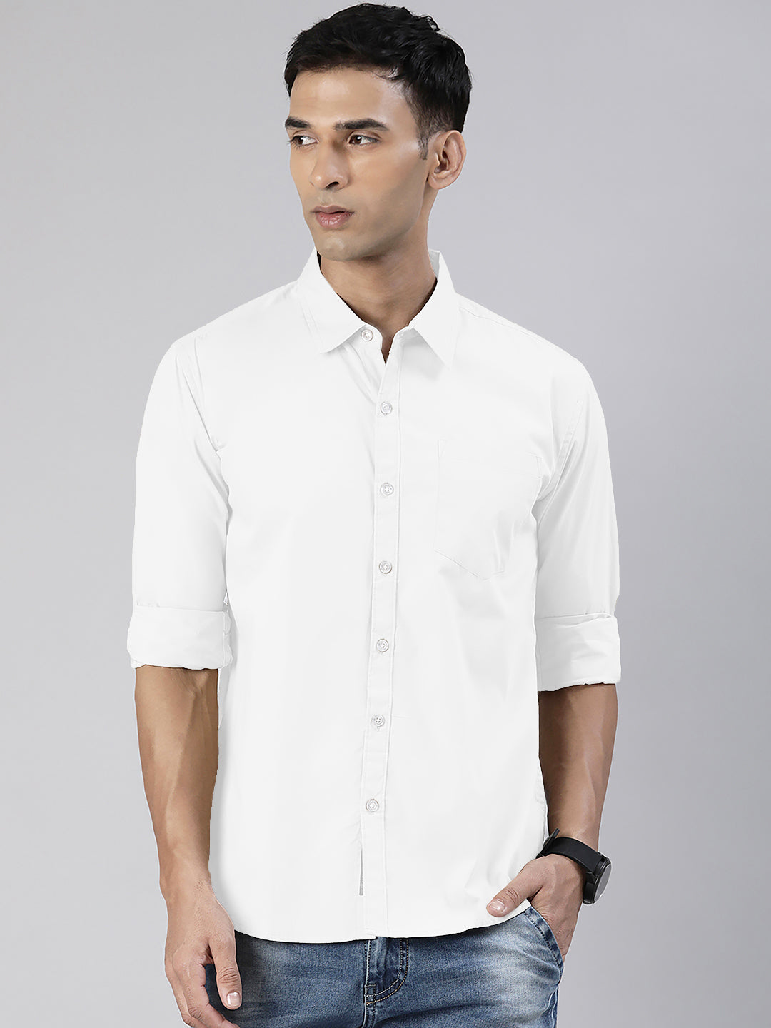 Men's White Solid Full Sleeve Slim Fit Casual Shirt