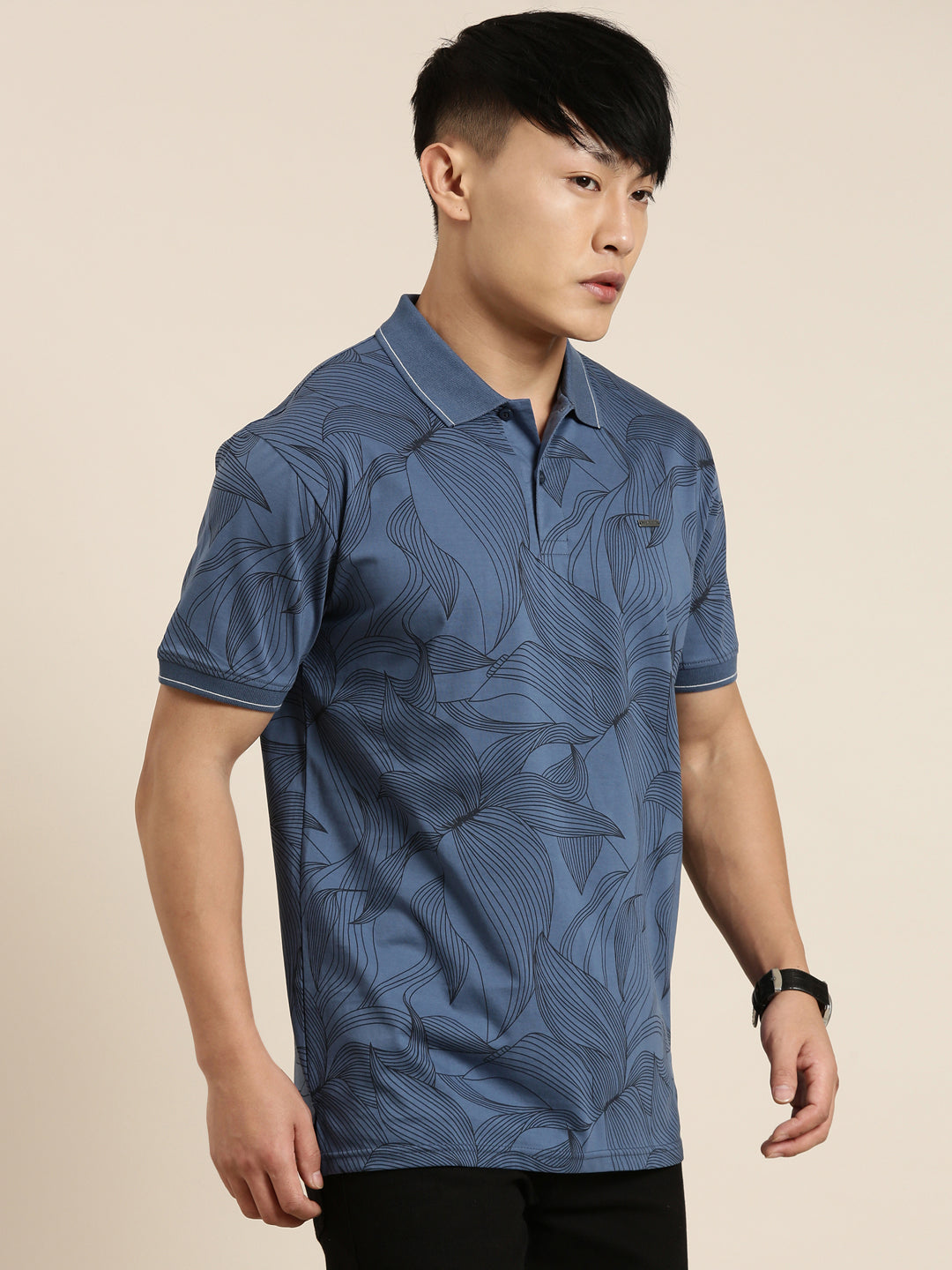 Mercerised Cotton Polo Collar Printed Tshirt in Denim Blue