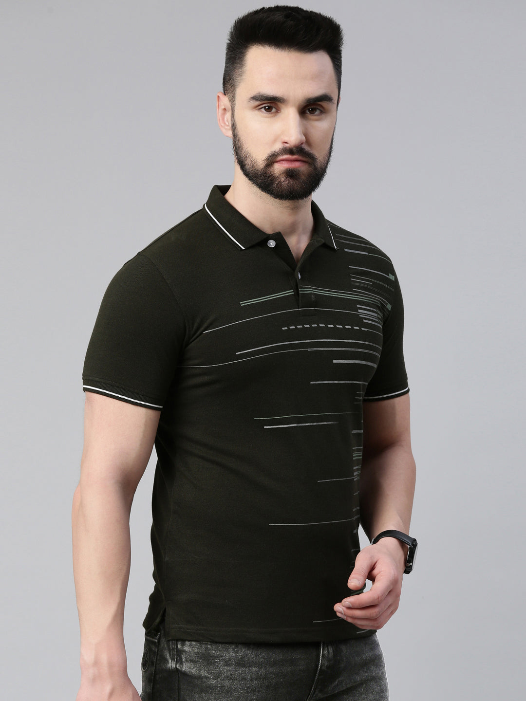 Men's Olive Printed Polo Collar T-Shirt