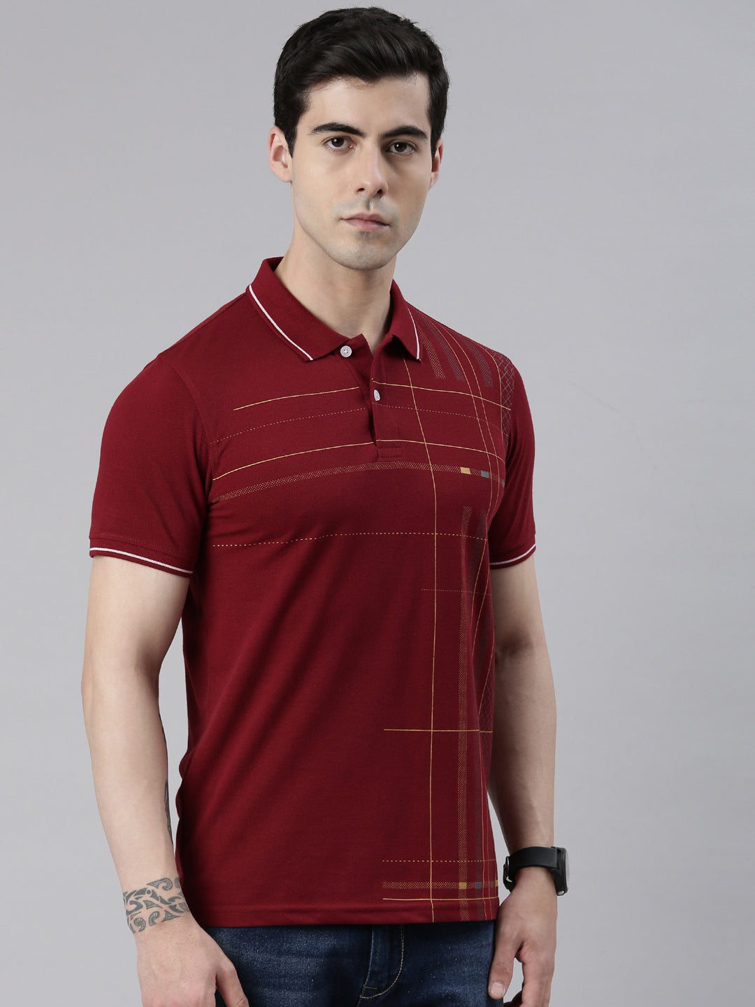 Men's Maroon Printed Polo Collar T-Shirt