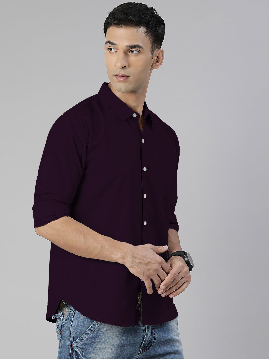 Men's Wine Solid Full Sleeve Slim Fit Casual Shirt