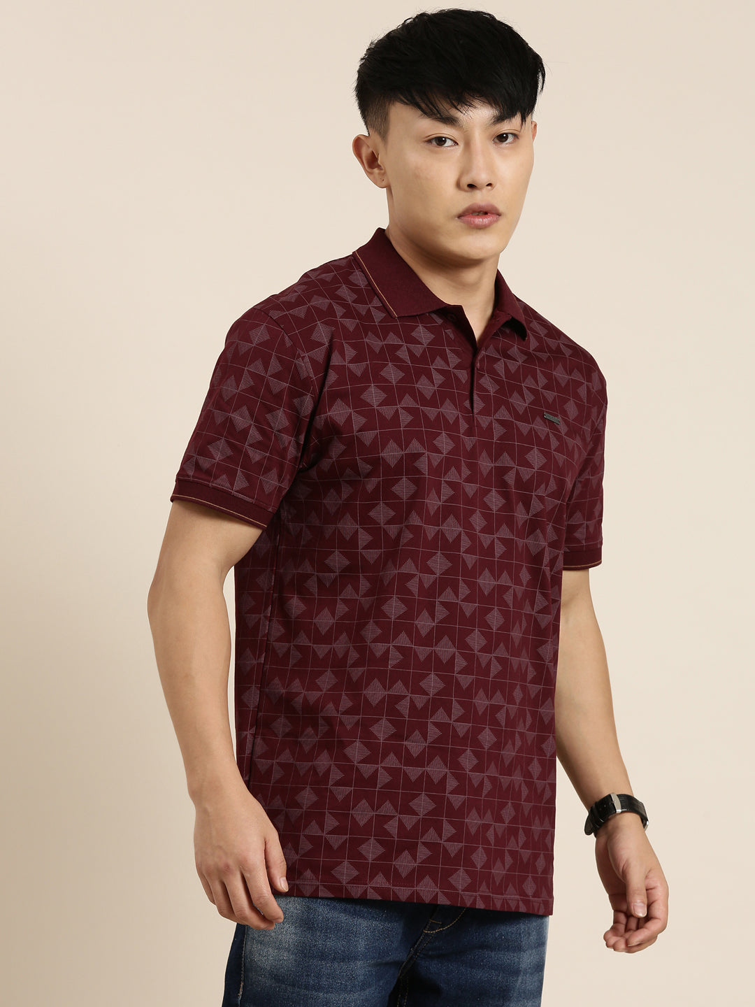 Mercerised Cotton Polo Collar Printed Tshirt in Wine