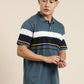 Men's Casual Denim Blue Striped Polo Collar T-Shirt