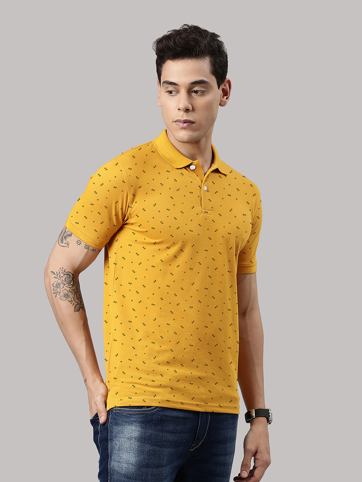 Men's Mustard Printed Polo Collar T-Shirt