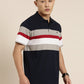 Men's Casual Navy Blue Striped Polo Collar T-Shirt