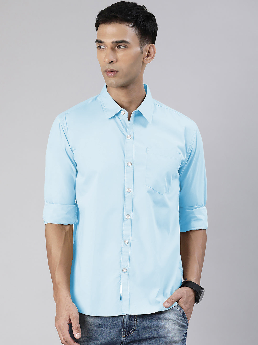 Men's Light Blue Solid Full Sleeve Slim Fit Casual Shirt
