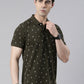 Men's Olive Printed Polo Collar T-Shirt
