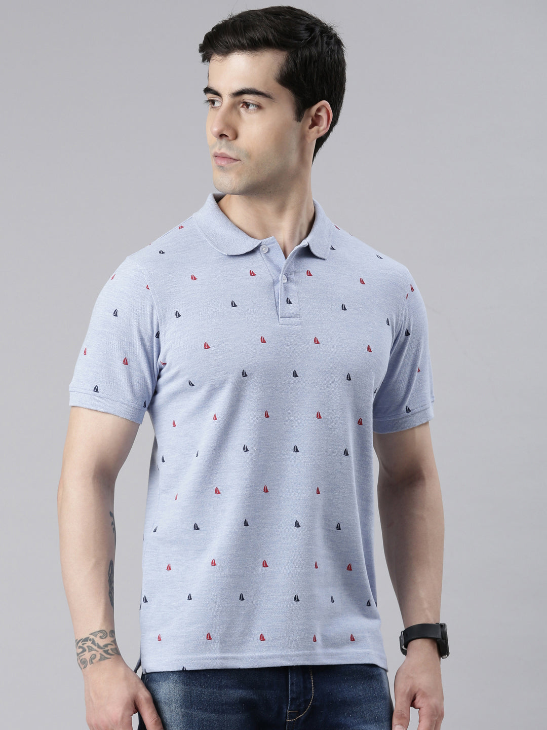 Men's Sky Blue Printed Polo Collar T-Shirt