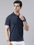 Men's Denim Blue Printed Polo Collar T-Shirt