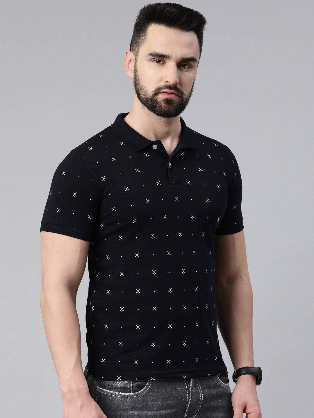 Men's Navy Blue Printed Polo Collar T-Shirt