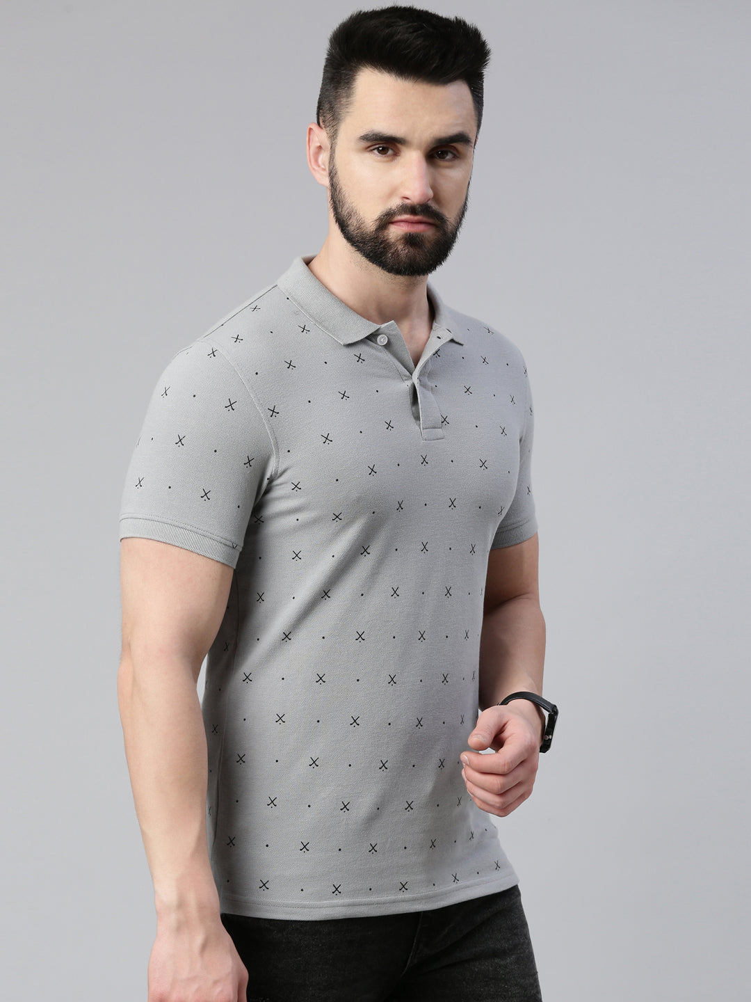 Men's Steel Grey Printed Polo Collar T-Shirt