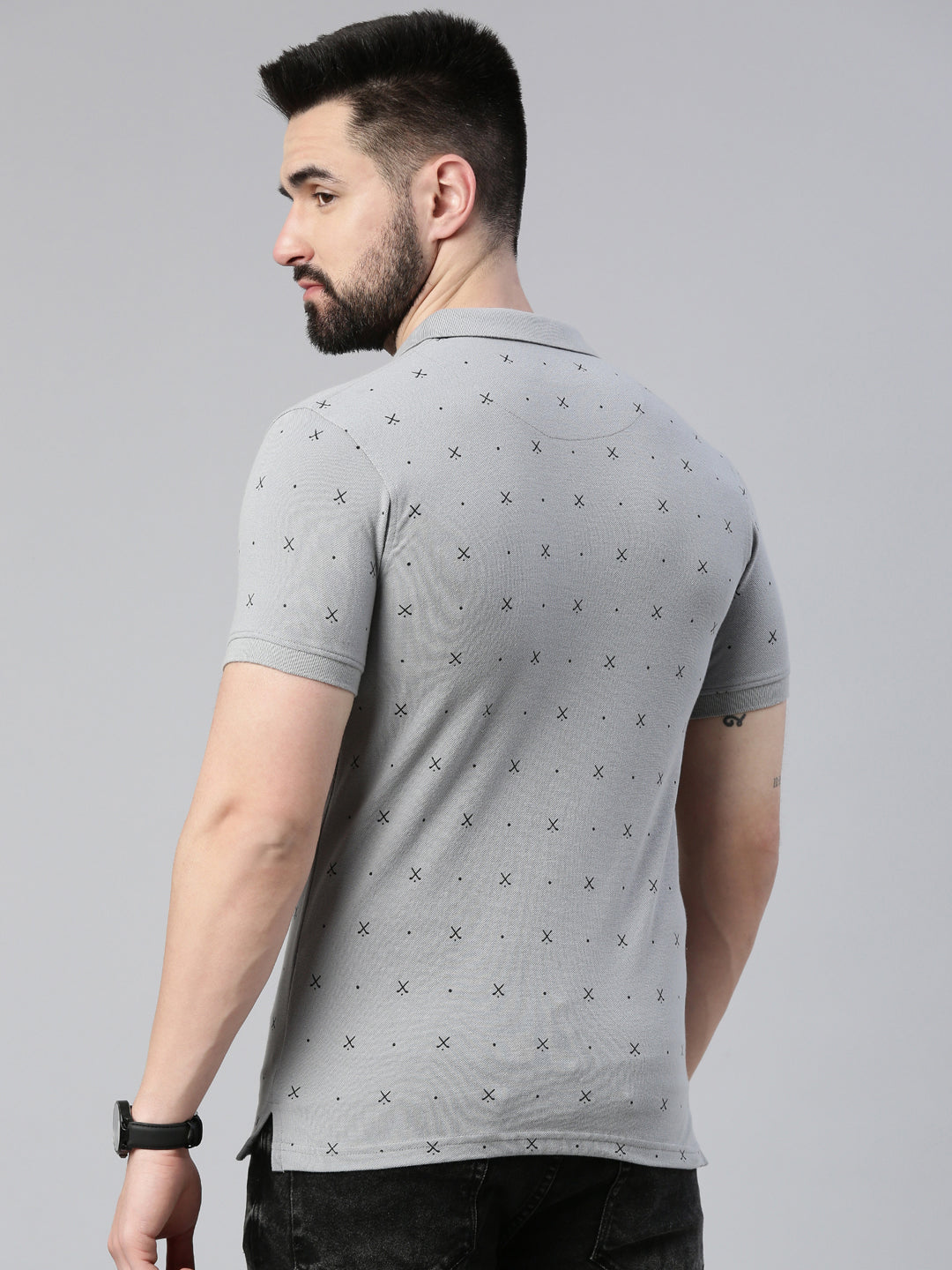 Men's Steel Grey Printed Polo Collar T-Shirt