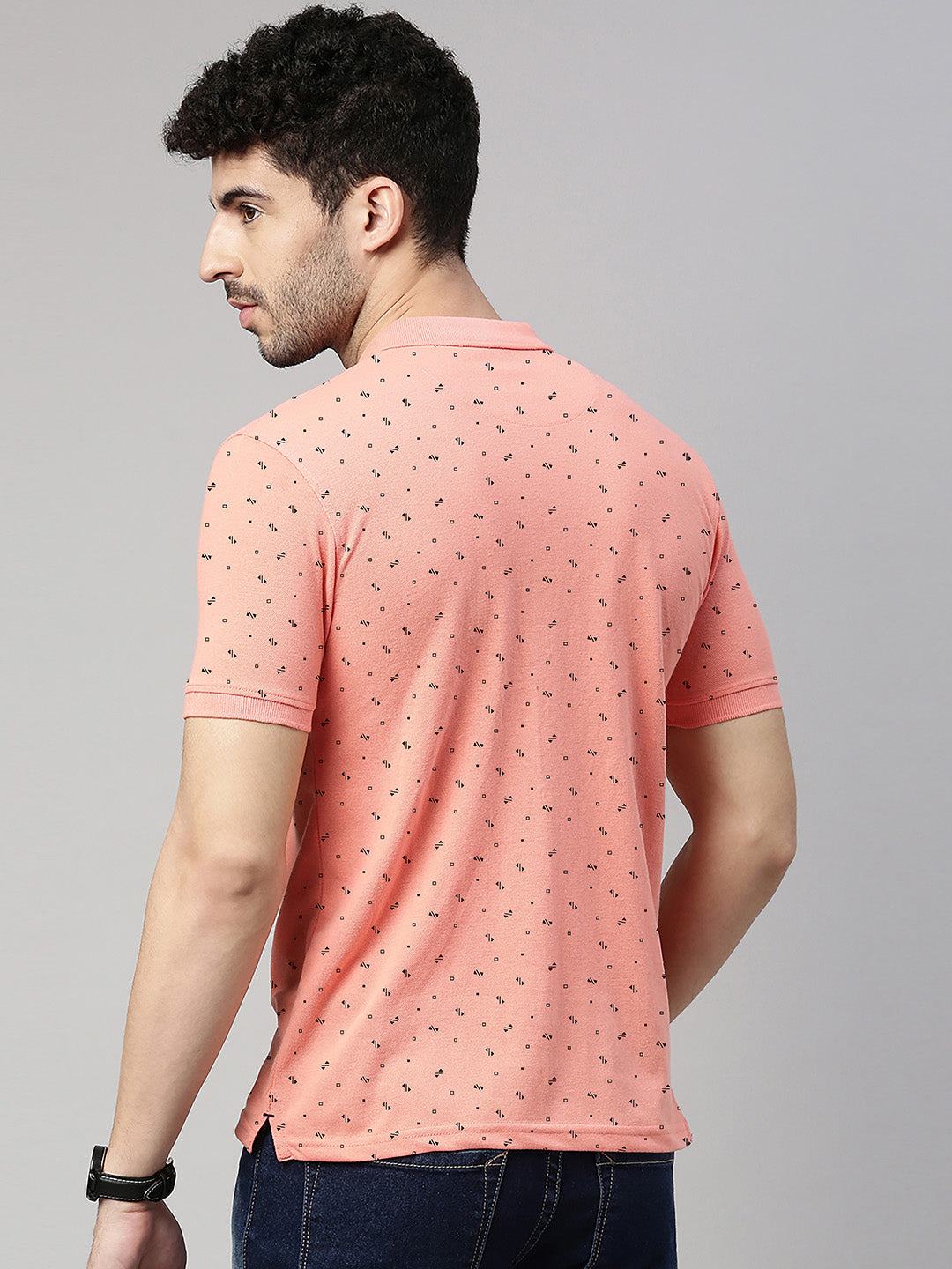 Men's Peach Printed Polo Collar T-Shirt