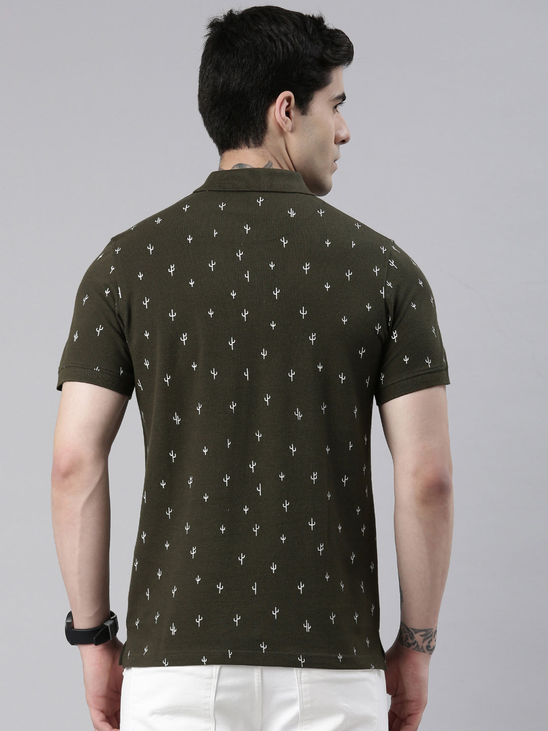 Men's Olive Printed Polo Collar T-Shirt