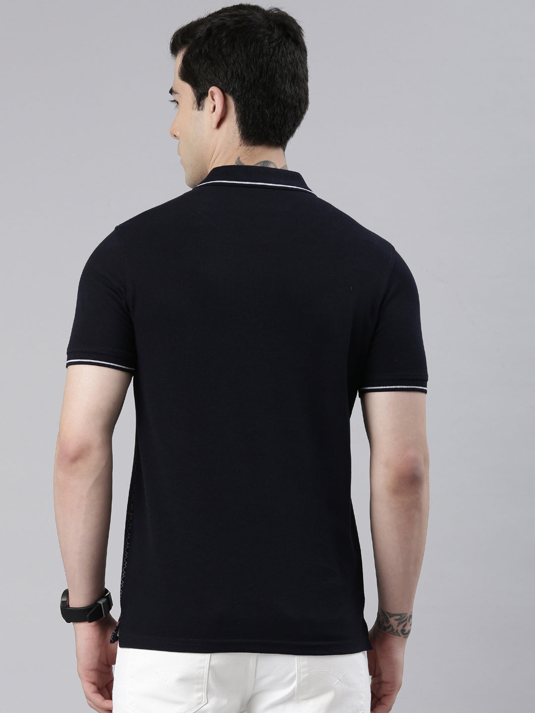 Men's Navy Blue Printed Polo Collar T-Shirt
