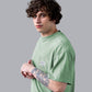 JOVEN Men Light Green Printed Pure Cotton Oversize Tshirt