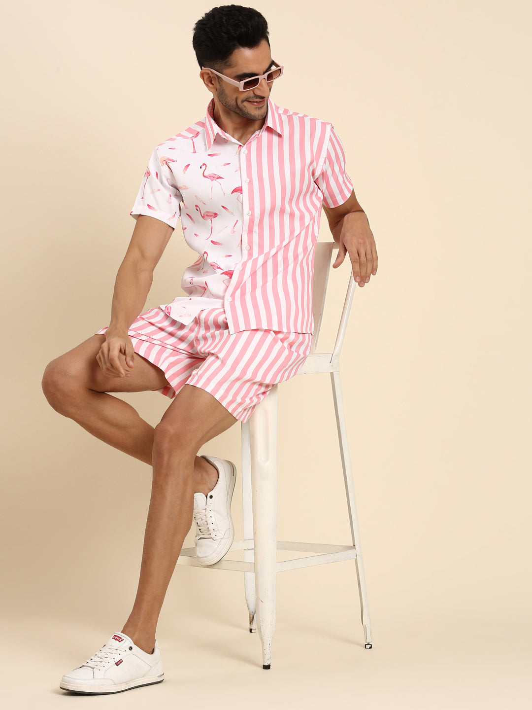 Joven Men's Pink And White Printed Co-Ords Set