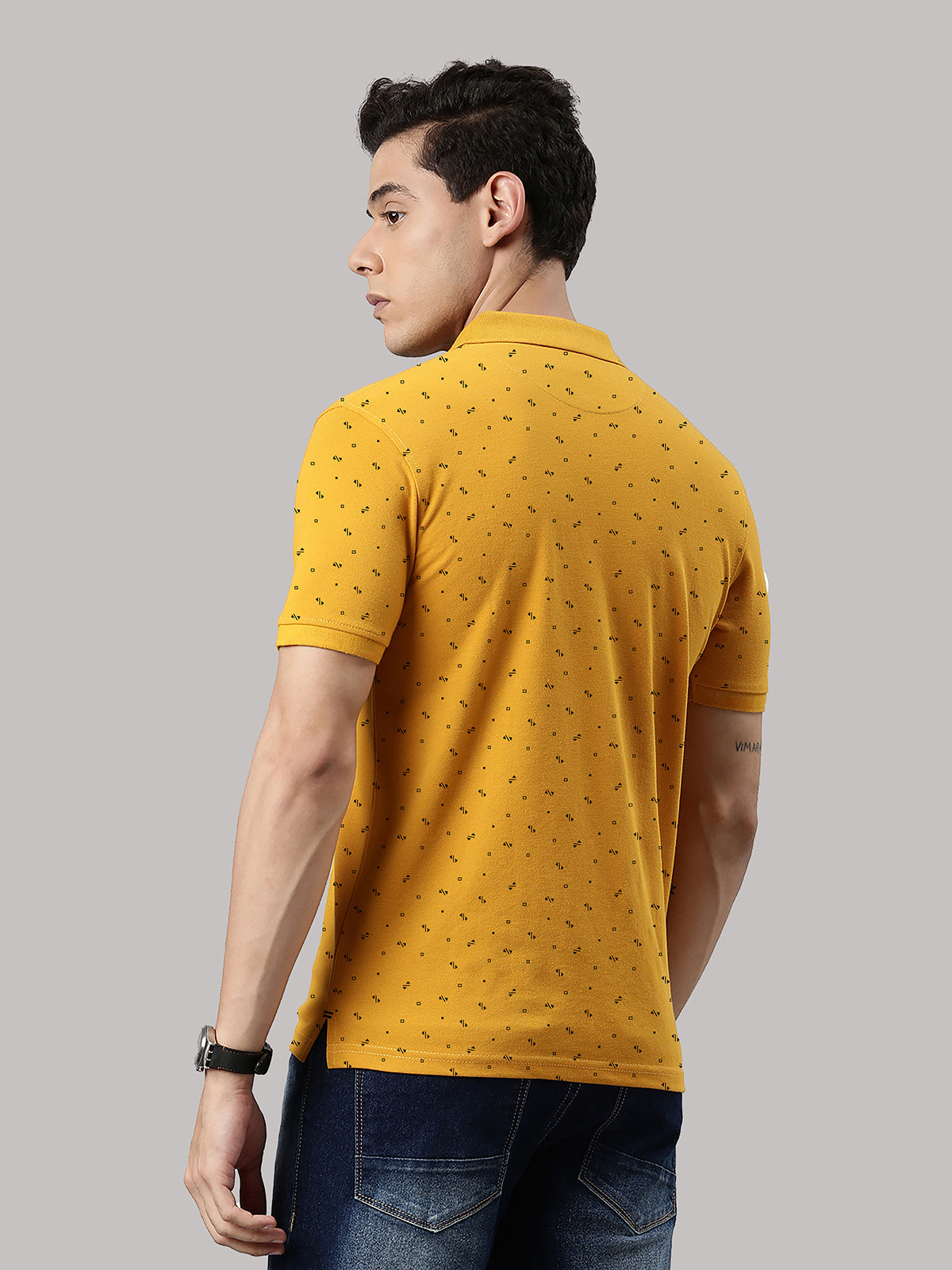 Men's Mustard Printed Polo Collar T-Shirt