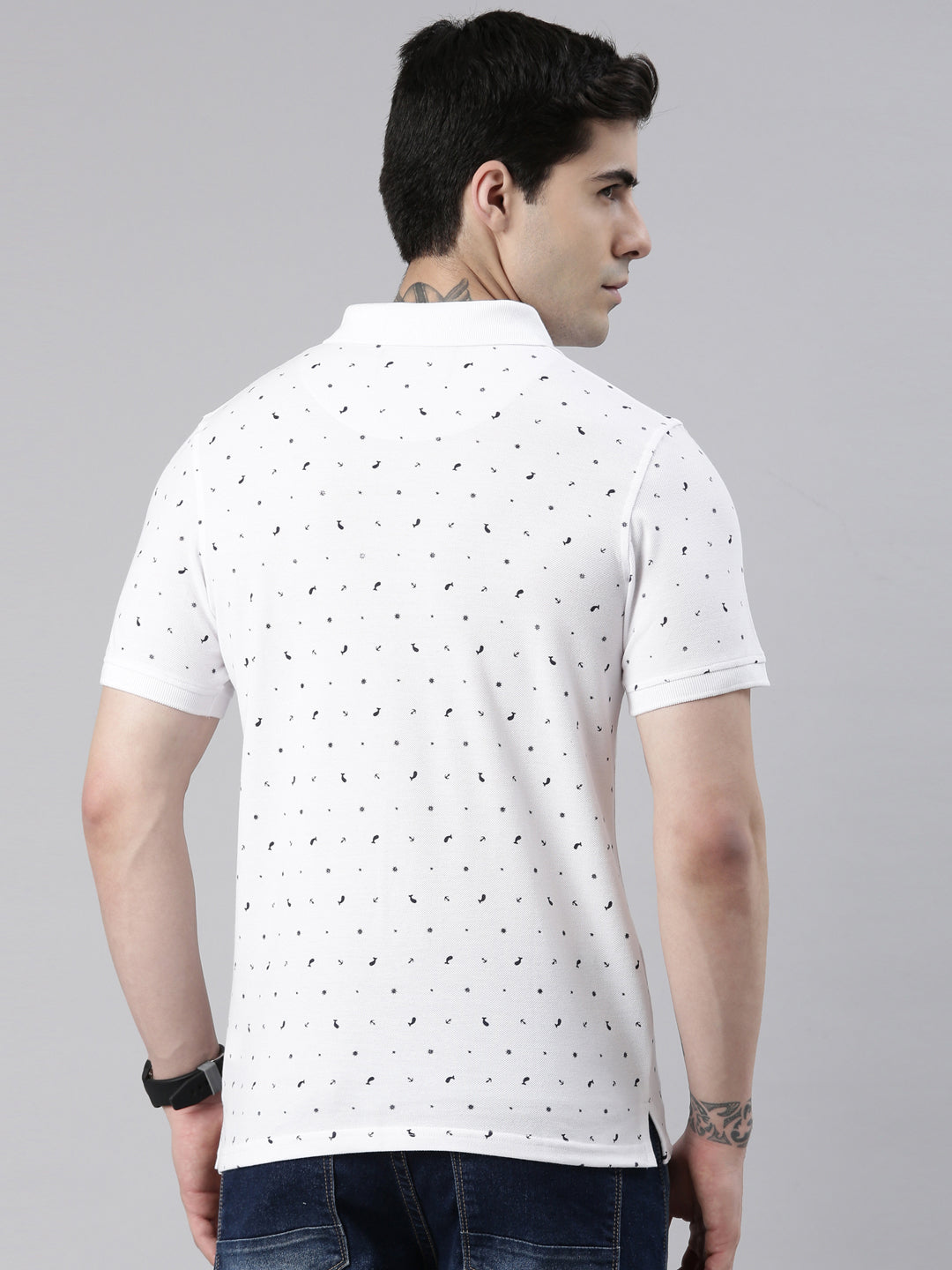 Men's White Printed Polo Collar T-Shirt