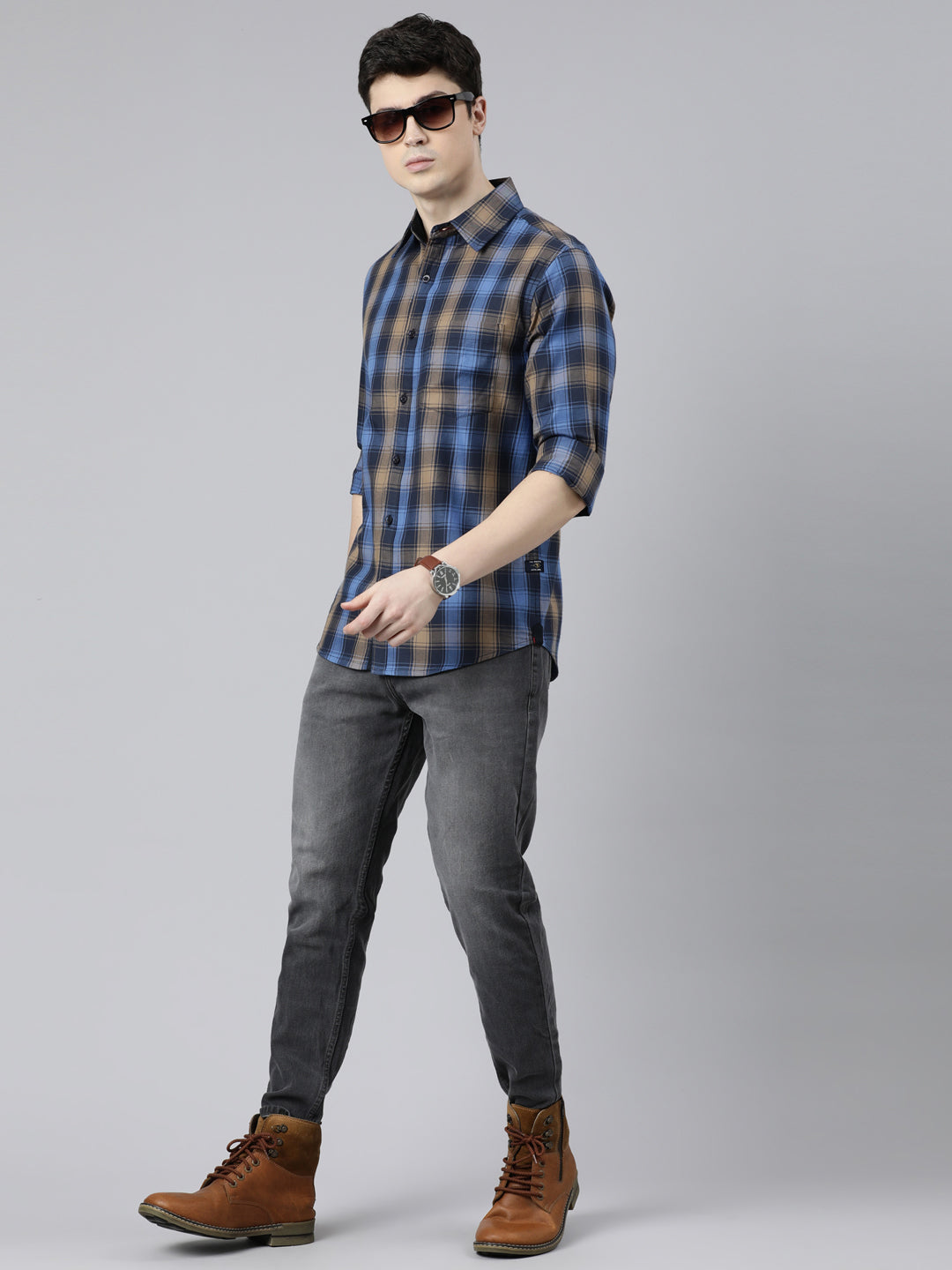 JOVEN Men Checked Pure Cotton Full Sleeve Casual Shirt