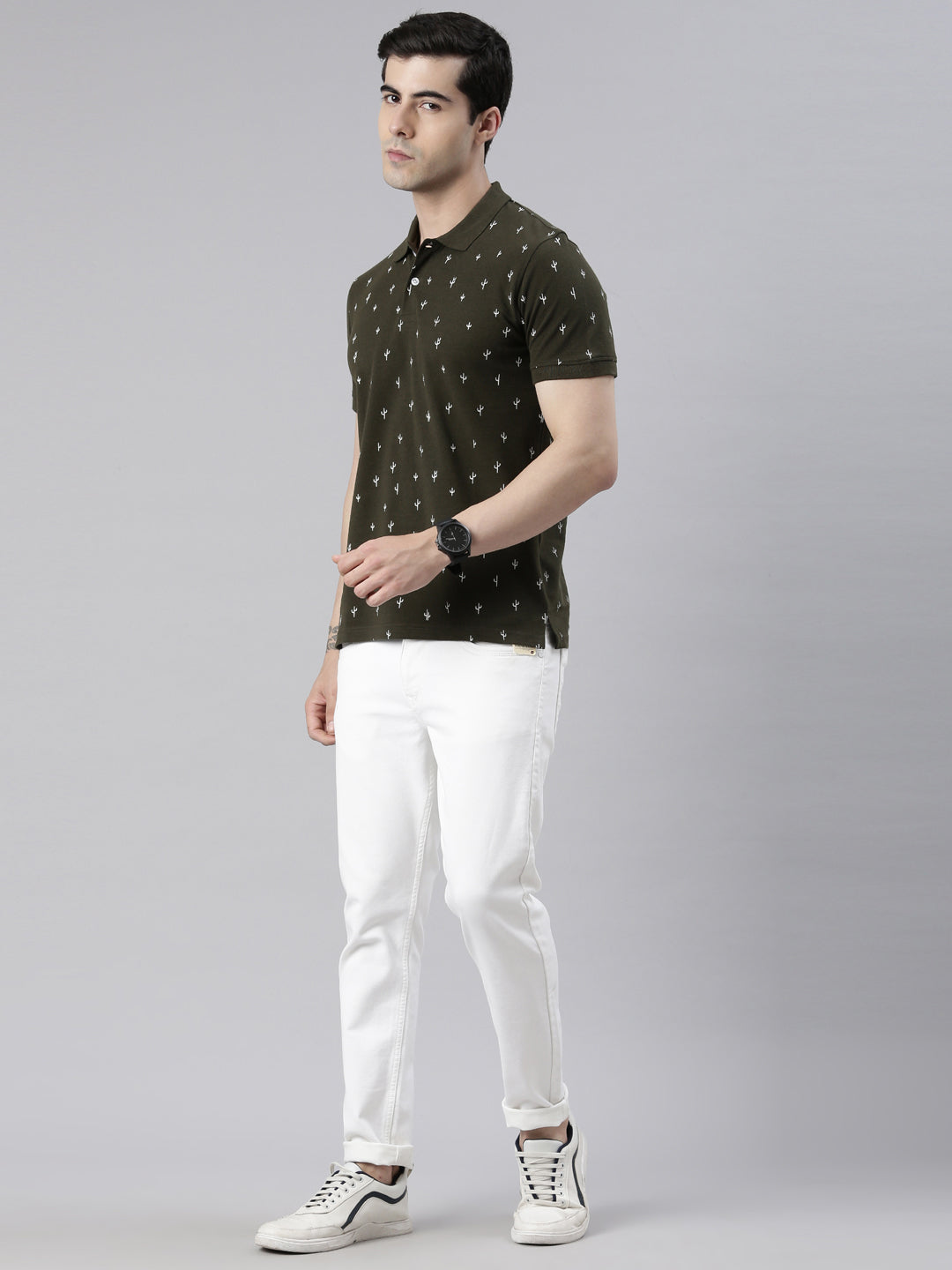 Men's Olive Printed Polo Collar T-Shirt
