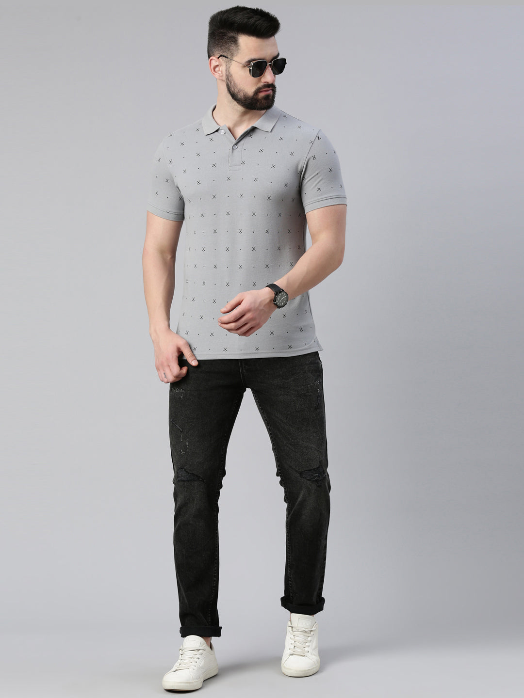 Men's Steel Grey Printed Polo Collar T-Shirt
