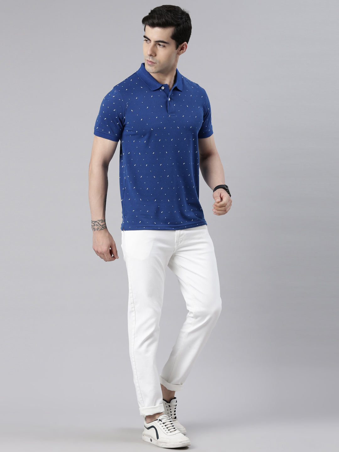 Men's Royal Blue Printed Polo Collar T-Shirt