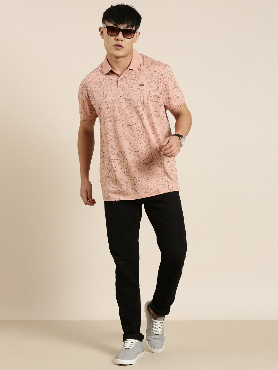 Mercerised Cotton Polo Collar Printed Tshirt in Peach